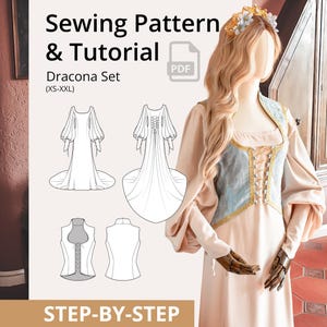 May include: A mannequin wearing a light pink dress with a blue vest and gold trim, and a floral crown. The image also shows a sewing pattern with the text "Sewing Pattern & Tutorial Dracona Set (XS-XXL) STEP-BY-STEP".
