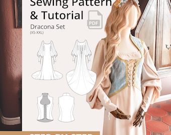 Patrón de costura en PDF del conjunto Dracona: vestido con cola y chaleco para costura DIY, disfraces medievales, de cosplay, LARP o de feria renacentista (XS-XXL).