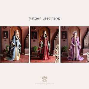 Puede incluir: Tres vestidos de estilo medieval en azul marino, rojo y morado, expuestos en maniqu&iacute;es. Los vestidos presentan mangas largas, detalles intrincados y faldas fluidas. La imagen incluye el texto "Pattern used here:" y una direcci&oacute;n web.