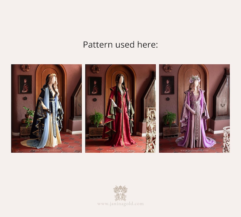 Puede incluir: Tres vestidos de estilo medieval en azul marino, rojo y morado, expuestos en maniqu&iacute;es. Los vestidos presentan mangas largas, detalles intrincados y faldas fluidas. La imagen incluye el texto "Pattern used here:" y una direcci&oacute;n web.