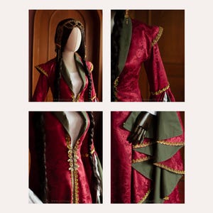 Puede incluir: Un disfraz rojo y verde con detalles dorados. El atuendo presenta una chaqueta de manga larga con patrones florales, un cuello verde y ribetes dorados. La falda tiene paneles verdes superpuestos con bordes dorados. Una diadema dorada y largas trenzas completan el conjunto.