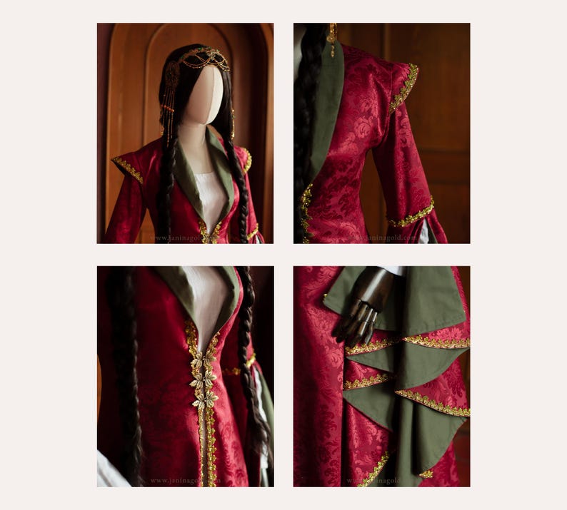 Puede incluir: Un disfraz rojo y verde con detalles dorados. El atuendo presenta una chaqueta de manga larga con patrones florales, un cuello verde y ribetes dorados. La falda tiene paneles verdes superpuestos con bordes dorados. Una diadema dorada y largas trenzas completan el conjunto.