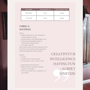 Puede incluir: Una p&aacute;gina rosa claro con detalles de tela y material, incluyendo el ancho de la tela y el metraje. El texto incluye una cita de Albert Einstein: "La creatividad es la inteligencia divirti&eacute;ndose."