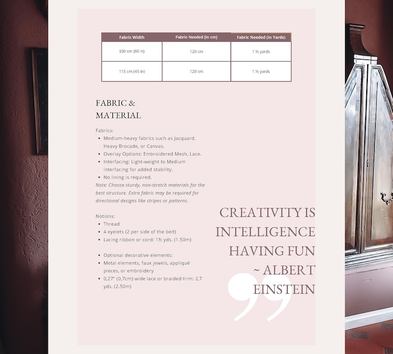 Puede incluir: Una p&aacute;gina rosa claro con detalles de tela y material, incluyendo el ancho de la tela y el metraje. El texto incluye una cita de Albert Einstein: "La creatividad es la inteligencia divirti&eacute;ndose."
