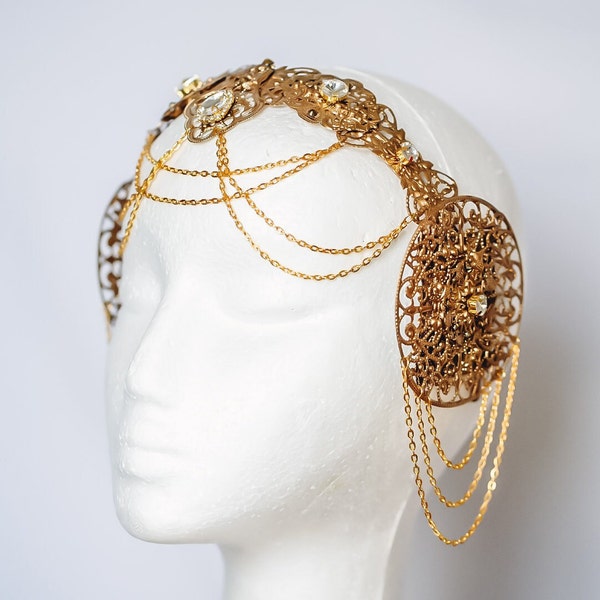 Couronne Art Nouveau dorée, casque burlesque, couronne de danse tribale, diadème Art Nouveau, casque strass, couronne filigrane