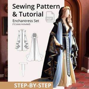 Op de afbeelding: Een naaipatroon en tutorial voor een Enchantress Set, inclusief 12 maten. De afbeelding toont een gedetailleerde illustratie van het kledingstuk en een model dat de afgewerkte jurk draagt. De jurk is zwart, goud en crèmekleurig met een blauwe, doorschijnende cape.