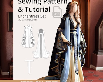 Conjunto de patrones de costura en PDF para vestido con capa de hechicera: vestido de fantasía, capa y cinturón para costura DIY, LARP, WGT o disfraces de feria renacentista (12 tallas)
