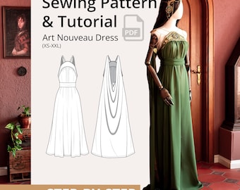 Patrón de costura de vestido Art Nouveau en PDF, vestido Art Nouveau con capa y cinturón, cosplay, LARP, costura de vestuario festivo (tallas UE XS-XXL: A0/A4/Carta EE. UU.)