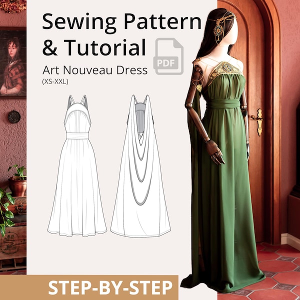 Art Nouveau Kleid Schnittmuster PDF, Jugendstil Kleid mit Cape & Gürtel, Cosplay, Larp, Festival Kostüm nähen (EU xs–xxl: A0/A4/Us Letter)