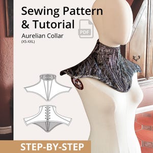 Op de afbeelding: Een naaipatroon en handleiding voor een Aurelian-kraag in maten XS-XXL, aangeboden als PDF. De afbeelding toont een donkere, textuurrijke hoge kraag op een paspop, naast technische lijntekeningen van het ontwerp voor de voor- en achterkant.
