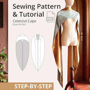 Può includere: Un manichino mostra un modello di cucito e un tutorial per un Celestial Cape. Il mantello presenta un design oro e grigio con pannelli lunghi e fluenti. Il testo sull'immagine recita "Modello di cucito e tutorial" e "Celestial Cape (Taglie XS-XXL)".