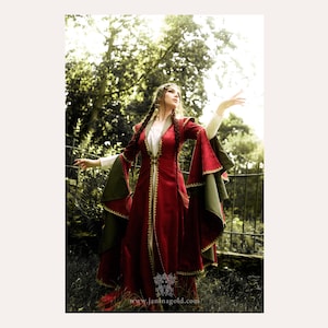 Puede incluir: Un vestido largo rojo de estilo medieval con ribetes dorados y mangas acampanadas. El vestido tiene un vestido interior blanco y detalles en verde oliva en las mangas. La modelo est&aacute; de pie al aire libre con los brazos extendidos. El sitio web www.janinagold.com es visible.