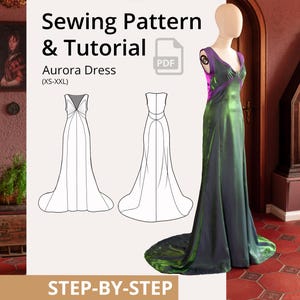 Puede incluir: Un patrón de costura y tutorial para el vestido Aurora en tallas XS-XXL, con un icono de PDF y un dibujo lineal del vestido largo. Un maniquí muestra el vestido terminado en tela verde y morada iridiscente con un escote en V.