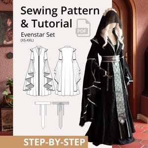 May include: A black Evenstar Set dress with long, flared sleeves and a hood, displayed on a mannequin. The image also shows a sewing pattern and tutorial, with the text "Sewing Pattern & Tutorial" and "Evenstar Set (XS-XXL)".