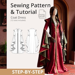 Cartamodello PDF per abito-cappotto – Abito storico fantasy per cucito fai da te, cosplay, LARP, elfi, fate o costume per rievocazioni storiche (12 taglie)