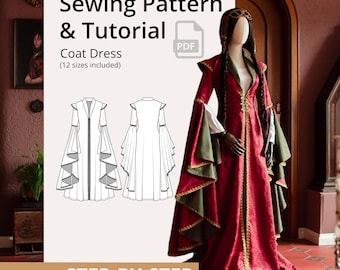Patrón de costura en PDF para vestido abrigo – Vestido de fantasía histórica para costura DIY, cosplay, LARP, elfos, hadas o disfraces de feria renacentista (12 tallas)