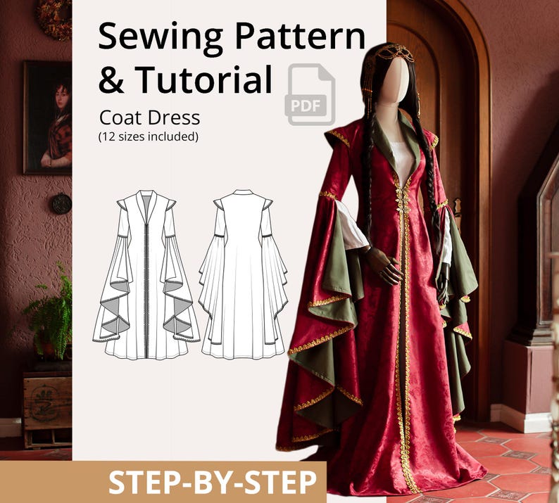 Puede incluir: Un vestido abrigo rojo con ribetes dorados y detalles verdes se muestra en un maniqu&iacute;. El vestido tiene mangas largas y fluidas y un corpi&ntilde;o detallado. La imagen tambi&eacute;n muestra un patr&oacute;n de costura y el texto "Sewing Pattern & Tutorial Coat Dress (12 sizes included) STEP-BY-STEP."