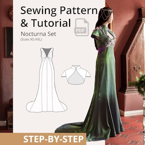 May include: A sewing pattern and tutorial for the Nocturna Set, sizes XS-XXL, featuring a PDF icon. The image displays a floor-length, iridescent green gown with a purple waistband and a matching bolero jacket, alongside a line drawing of the set.