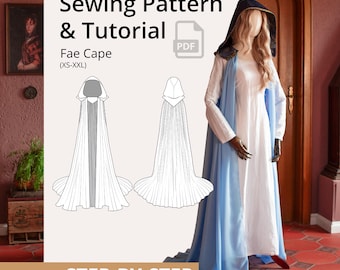May include: A white and blue Fae Cape sewing pattern and tutorial. The image shows a mannequin wearing a white dress and a blue cape with a hood. The text on the image reads "Sewing Pattern & Tutorial" and "Fae Cape (XS-XXL)".