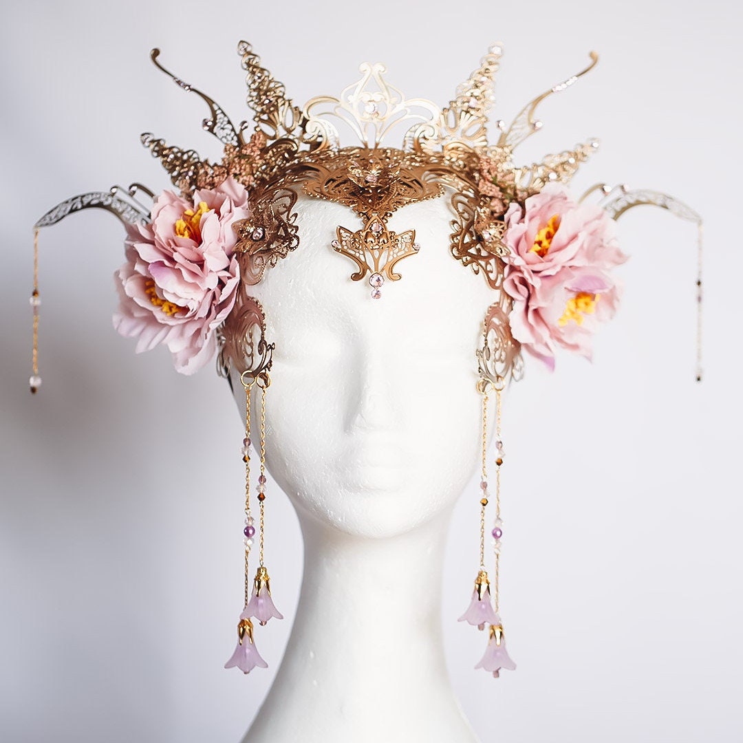 Pink Floral Crown With Gold, Boho Headdress for Weddings  display picture 3