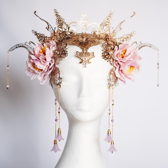 Boho festival cosplay Pink Flower Crown Pink Flower Crown, Large Floral Boho Headdress, Bridal  main image 2