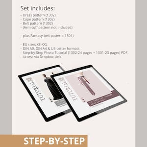Puede incluir: Dos tabletas digitales que muestran tutoriales de patrones de costura. Las tabletas muestran im&aacute;genes de un vestido y un cintur&oacute;n, con la palabra "TUTORIAL" y "STEP-BY-STEP" visibles. El conjunto incluye patrones de vestido, capa y cintur&oacute;n, m&aacute;s un patr&oacute;n de cintur&oacute;n de fantas&iacute;a.