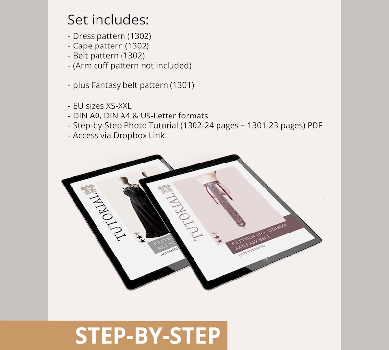 Puede incluir: Dos tabletas digitales que muestran tutoriales de patrones de costura. Las tabletas muestran im&aacute;genes de un vestido y un cintur&oacute;n, con la palabra "TUTORIAL" y "STEP-BY-STEP" visibles. El conjunto incluye patrones de vestido, capa y cintur&oacute;n, m&aacute;s un patr&oacute;n de cintur&oacute;n de fantas&iacute;a.