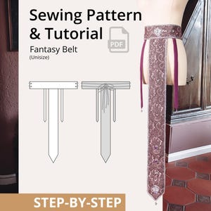 Könnte beinhalten: Ein Schnittmuster und Tutorial für einen Fantasy-Gürtel. Der Gürtel ist in einem tiefen Malve-Ton gehalten und hat ein Blumenmuster mit lila Akzenten. Das Bild enthält ein PDF-Symbol und die Worte "Sewing Pattern & Tutorial" und "Fantasy Belt (Unisize)".
