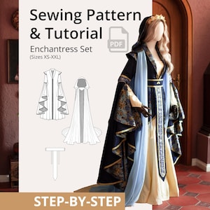 May include: A sewing pattern and tutorial for an Enchantress Set, sizes XS-XXL. The image shows a detailed illustration of the costume, including a hooded cloak and a long dress. The costume is displayed on a mannequin wearing a black, gold, and blue gown with a light blue sheer overlay.