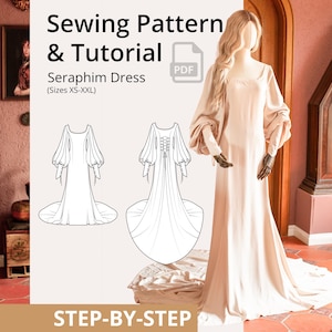 May include: A sewing pattern and tutorial for the Seraphim Dress, sizes XS-XXL. The image shows a mannequin wearing a long, light pink dress with long, puffy sleeves. Two line drawings of the dress are also shown. The text "STEP-BY-STEP" is at the bottom.
