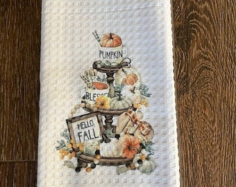 Fall Kitchen Towel, Farmhouse, Colorful Pumpkin Fall Tray, Tea Towel, Gift for Hostess, Autumn Dish Towel, Pumpkin Spice Decor, Thanksgiving