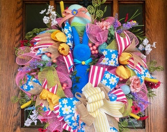 Flocked Bunny Easter Wreath Outdoor Huge Flowers Ribbon Eggs Free Shipping