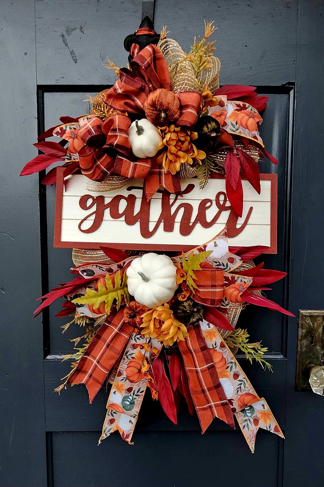 Gather Long Door Swag Wreath White Pumpkin Maroon Orange Wood Sign ...