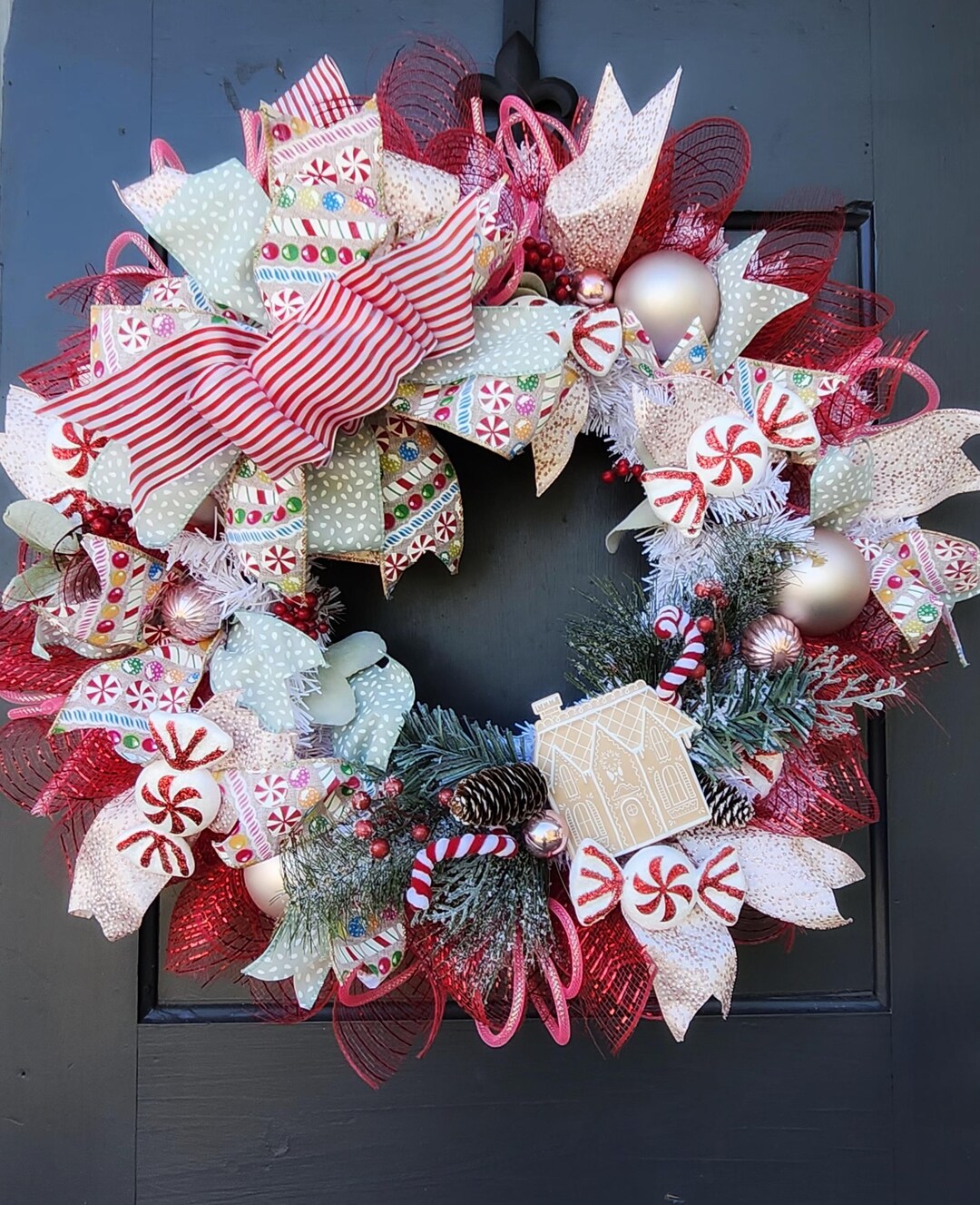 Gingerbread Candy Wreath Christmas Holiday Peppermint Ornaments Red ...