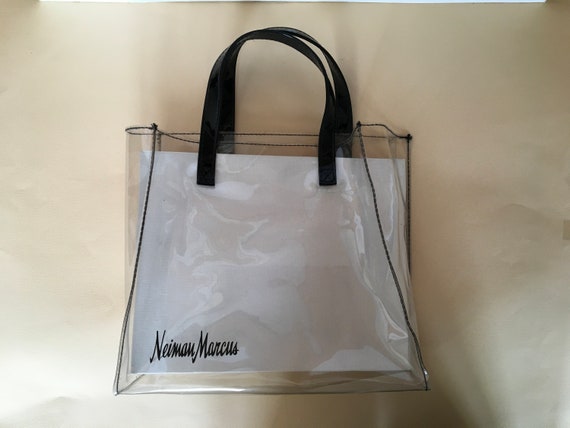 Neiman Marcus Totebag with Logo, See Thru Vinyl Black Handles Black Logo Square Shape