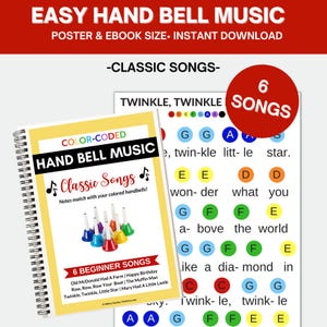 6 Handglockenlieder zum Ausdrucken - Klassische Lieder - Farbunterlegte Handglocken Noten - Kindermusik Noten Digitaler Download