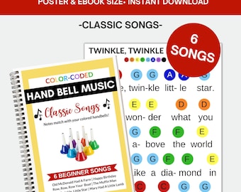 6 printbare handbelliedjes - Klassieke liedjes - Kleurgecodeerde handbelnoten - Muzieknoten voor kinderen (digitale download)