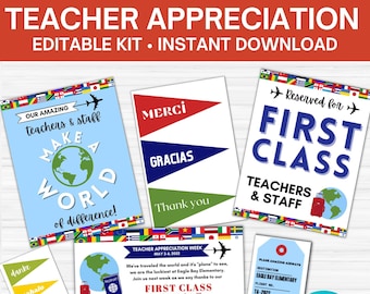Editable World-Themed Teacher Appreciation Week Printable Bundle | Flyers, Poster, Gift Tags, & Templates | Schedule of Events Flyer