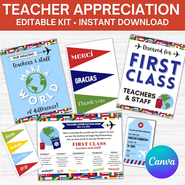 Editable World-Themed Teacher Appreciation Week Printable Bundle | Flyers, Poster, Gift Tags, & Templates | Schedule of Events Flyer