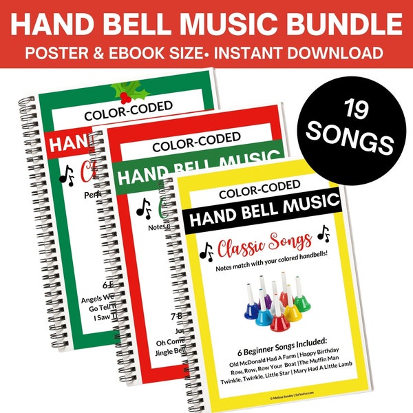 Hand Bell Music Song Sheets Paquete de gangas / 20 canciones de Hand Bell / Descarga digital instantánea / Hand Bell Charts / BoomWhackers Music