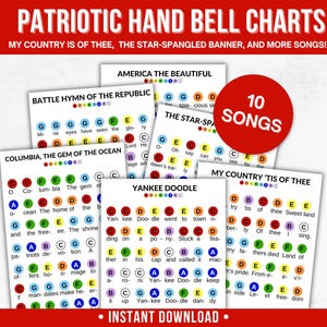 May include: A collection of patriotic hand bell music charts featuring lyrics and color-coded notes for ten songs including Yankee Doodle, The Star-Spangled Banner, and America the Beautiful. The white sheets display musical notation with text.