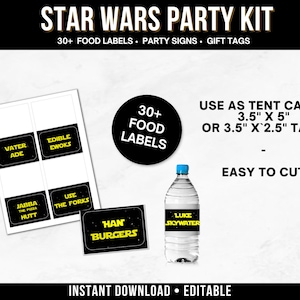 May include: A Star Wars party kit with food labels, party signs, and gift tags. The kit includes labels for food items like "Vader Ade" and "Han Burgers." The labels can be used as tent cards, 3.5" x 5" or 3.5" x 2.5" tags. The kit is easy to cut and editable.