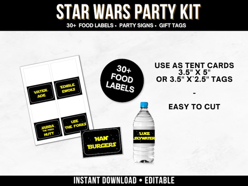 May include: A Star Wars party kit with food labels, party signs, and gift tags. The kit includes labels for food items like "Vader Ade" and "Han Burgers." The labels can be used as tent cards, 3.5" x 5" or 3.5" x 2.5" tags. The kit is easy to cut and editable.