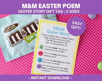 Peut inclure: Une étiquette cadeau de Pâques avec un poème M&M Easter Story, ainsi qu'un paquet de bonbons au chocolat au lait M&M's. L'étiquette a une bordure jaune et un cercle violet avec l'inscription "Easy Gift !" Le fond est rose à pois blancs.