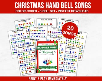 20 Christmas Handbell Songs | Color Coded Hand Bell Music for Kids | Easy Christmas Handbell Sheet Music | Printable PDF Bundle