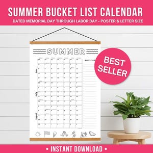 May include: A black and white summer bucket list calendar with the text "Summer Bucket List Calendar" and "Dated Memorial Day through Labor Day". The calendar is hanging on a wooden bar. A pink "Best Seller" sticker is on the right.