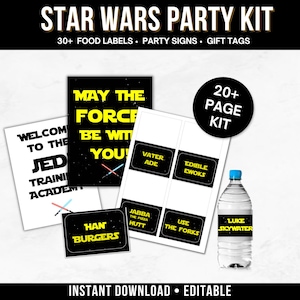 May include: A Star Wars party kit with food labels, party signs, and gift tags. The kit includes labels for "Vader Ade", "Edible Ewoks", "Han Burgers", and a water bottle label for "Luke Skywalker". The kit also includes signs with phrases like "May the Force Be With You".