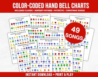 E-book met 49 handbelliedjes - Klassieke, kerst- en patriottische liedjes met kleurcodering voor handbellen en boomwhackers - Direct te downloaden als PDF