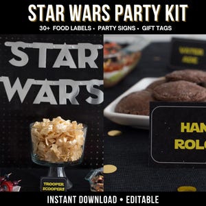 May include: A Star Wars party kit with food labels, party signs, and gift tags. The image features a black table with food items, including cookies and snacks. The words "STAR WARS" are displayed in large, silver letters. The text "HAN ROLO" is on a black label.