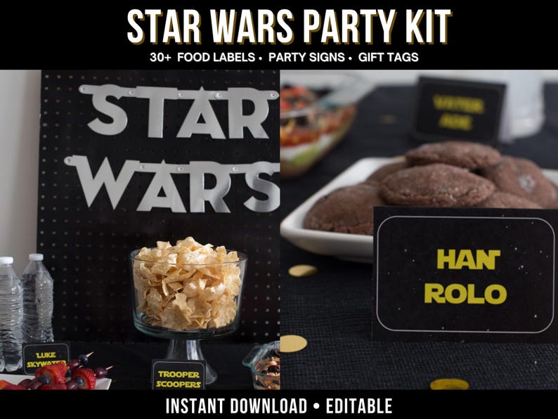 May include: A Star Wars party kit with food labels, party signs, and gift tags. The image features a black table with food items, including cookies and snacks. The words "STAR WARS" are displayed in large, silver letters. The text "HAN ROLO" is on a black label.